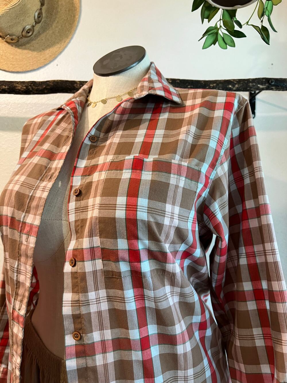 Vintage 70s Diane Von Furstenberg Cotton Brown Plaid Button Down Shirt Size 12